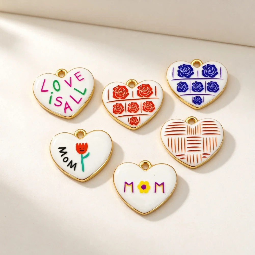 4 Pcs Pendants Brass Enamel Heart Shape Charms Flower Rose MOM LOVE Letter Print Diy Jewelry Accessories for Necklace Bracelet