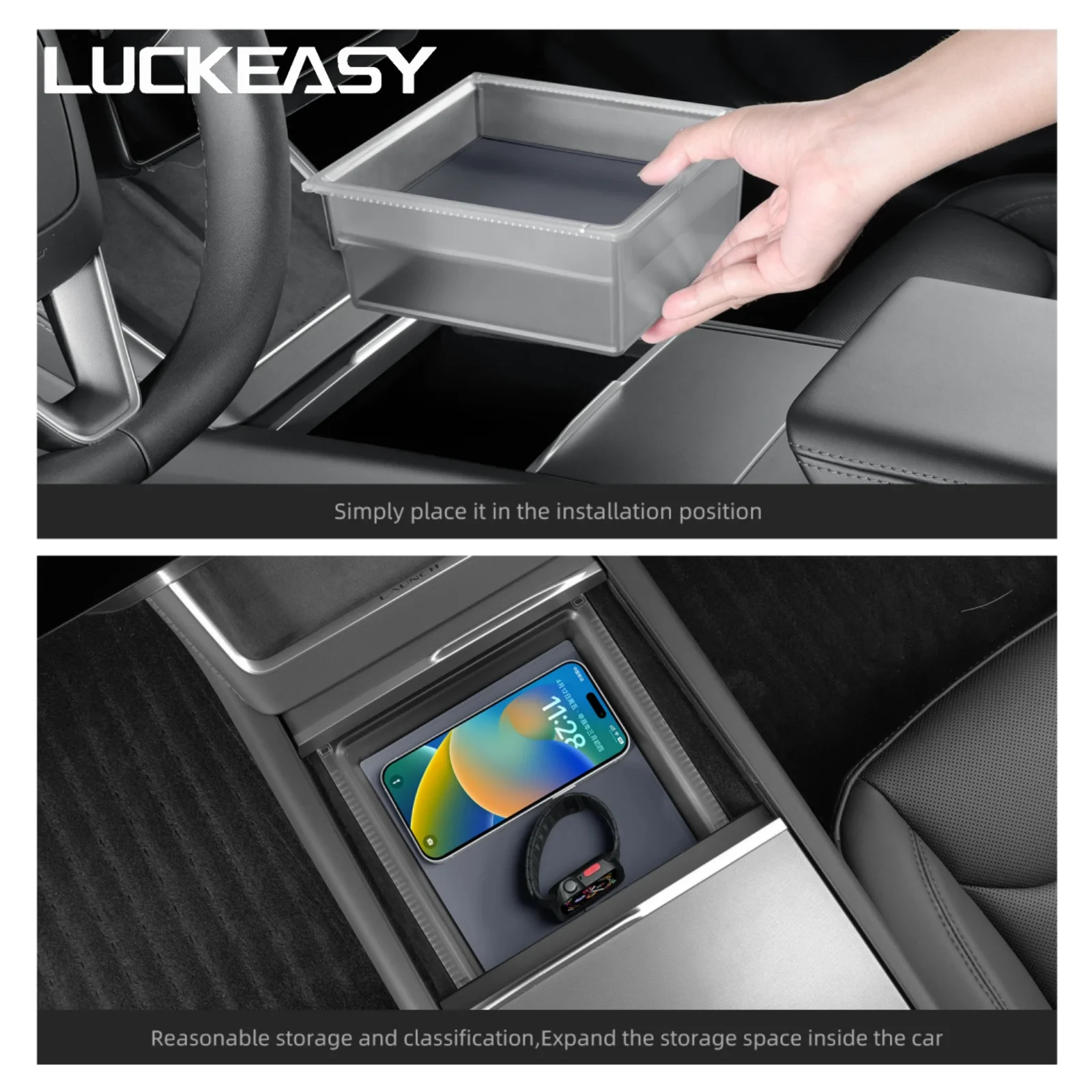 LUCKEASY for Tesla Model Y Juniper/Model YL 2025 2026 Center Console Storage Box Transparent Double-layer Car Tray Accessories