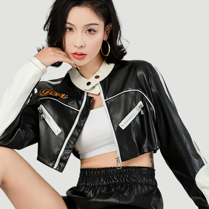 Vintage Letter Embroidery Motorcycle Jackets Women Faux Pu Leather Long Sleeve Jacket Woman Zipper Button Short Outwear Female