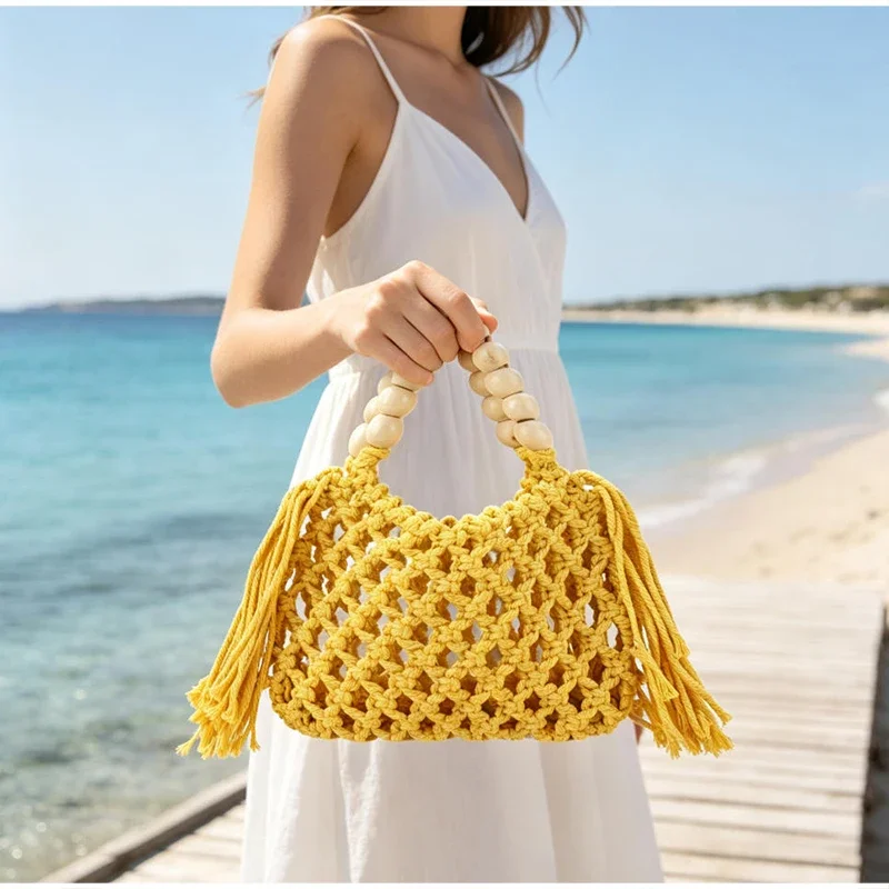 Boho Häkel-Handtasche mit Aushöhlungen und Quasten, Holzperlen-Griff, Gewebte Strandtasche, Sommer-Urlaub Strohtasche, Damen Casual Schultertasche – Detail 9