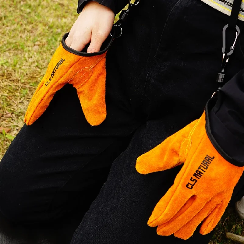 Heat Resistant BBQ Gloves, Cowhide Leather Camping Fire Handling Gloves, Non-Slip Grilling Mitts for Outdoor Fishing & Welding P - view 5