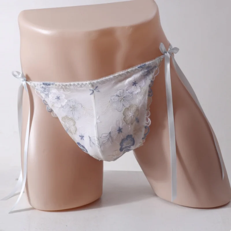 

Blue Sissy U Convex Pouch Lace Up Briefs Men's Embroidered Lace Sexy Triangle Pants Soft Charming Pure Desire Wind Panties