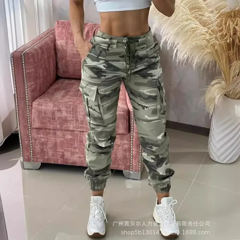 Women Long Pants Camouflage Print Pant Straight Trousers Casual Regular Lace Up Tight Waist Pocket Button Capris Streetwear