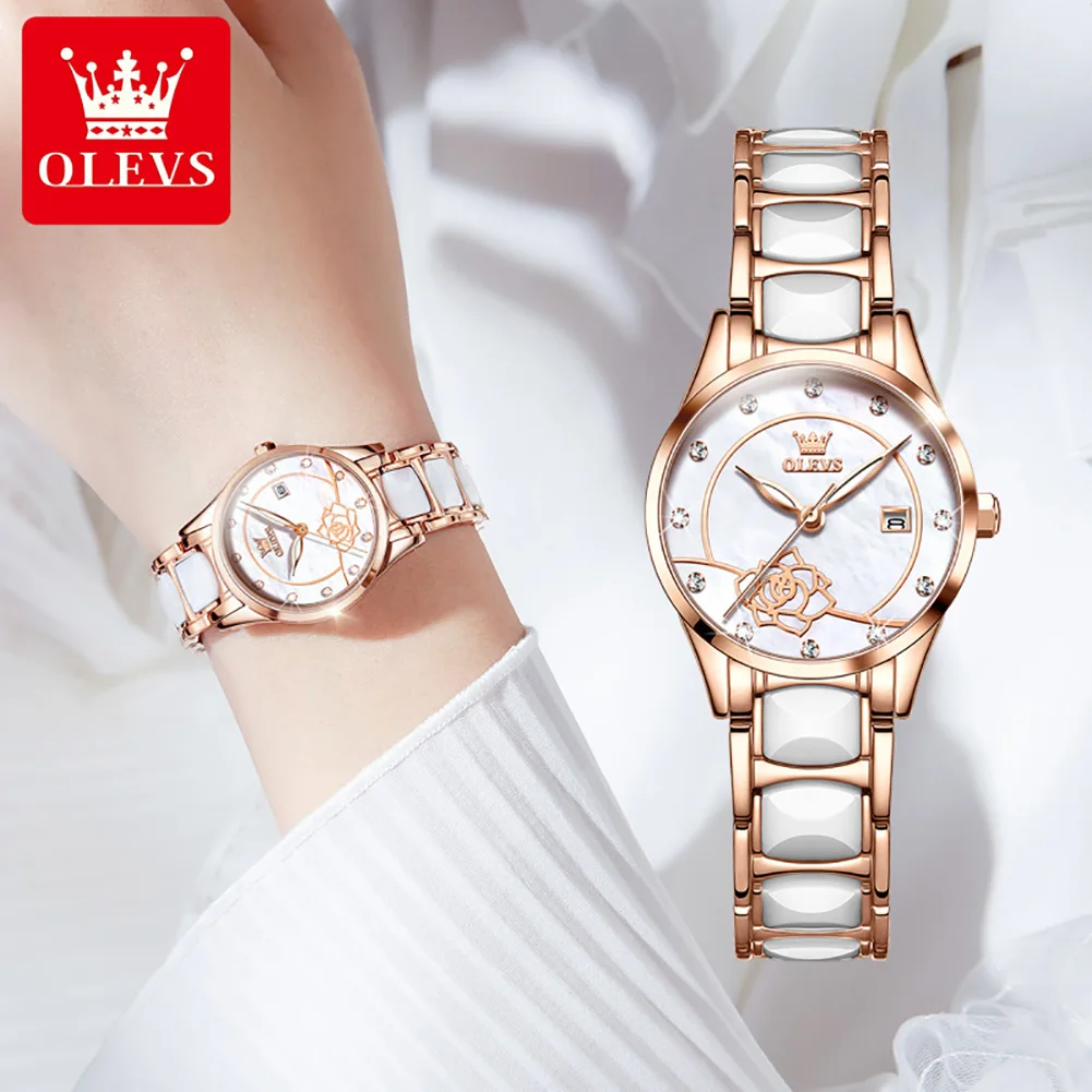 OLEVS 3606 Women\'s Watch Luxury Quartz Japanese Movement Watch Exquisite Rose Waterproof dial Elegant Ceramic Women\'s Watch