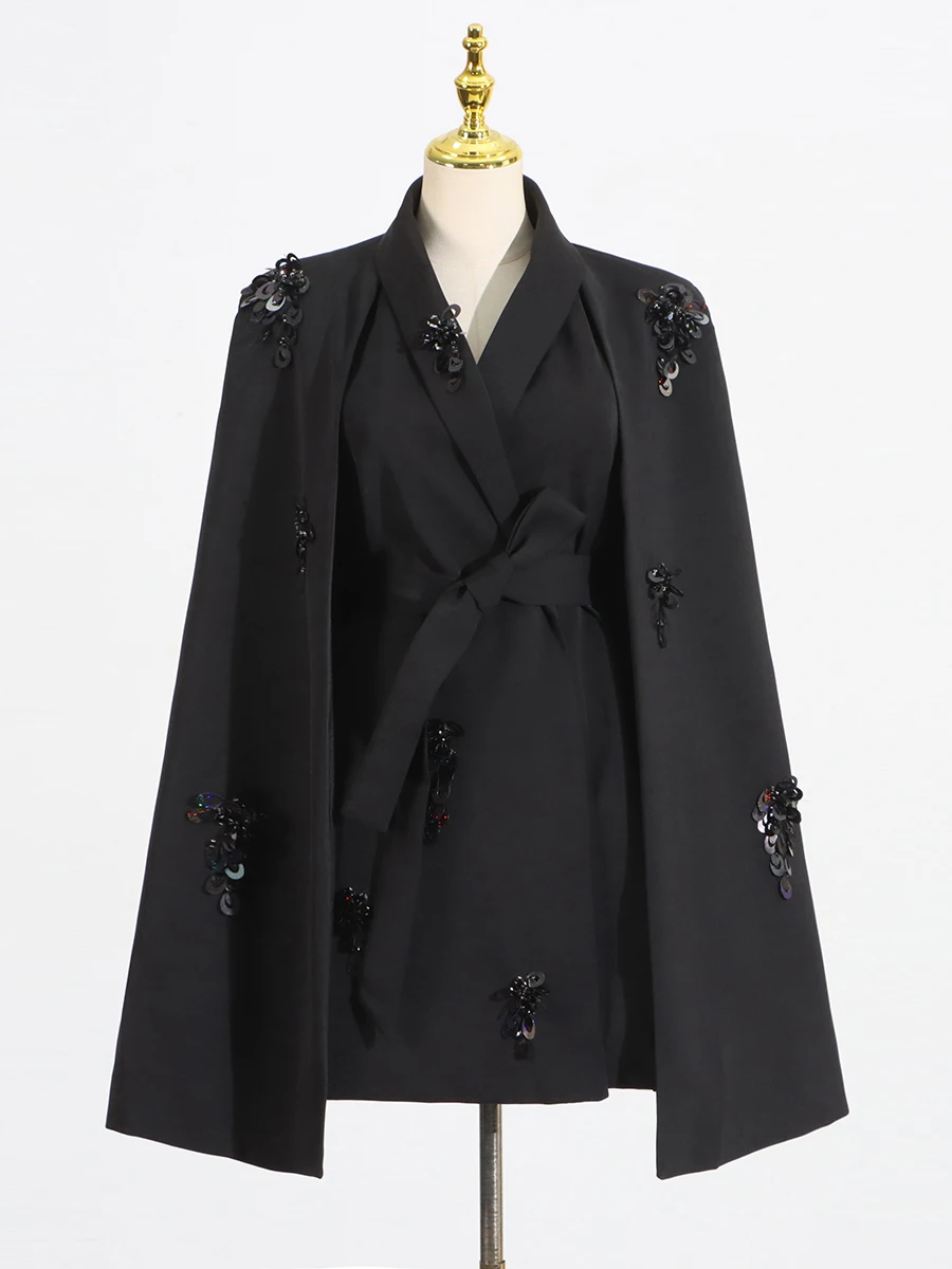 VGH Luxury Fashion Patchwork Sequined Coat for Women Lapel Shawl Sleeves Spliced Lace Up Temperament Slimming Outwear Female New