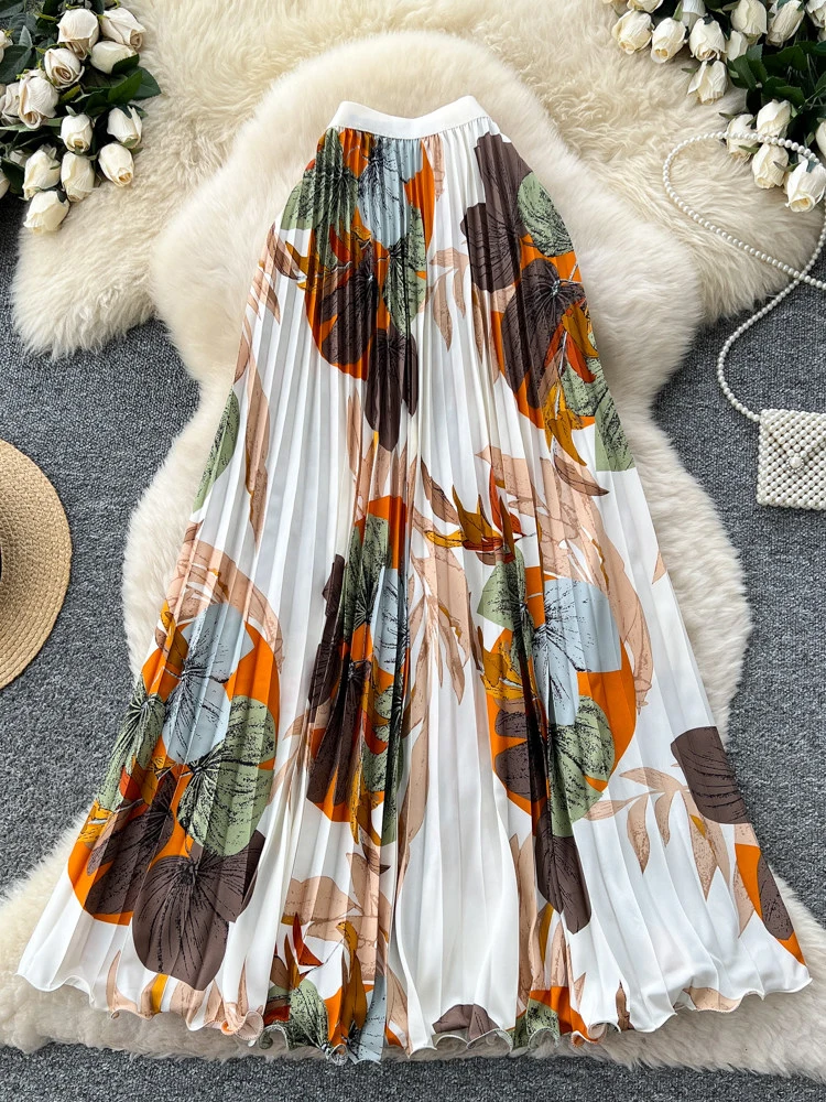 Women Retro Printed skirt Pleated Elastic Waist Fashionable High Waist A-line Commuting Long Skirt Summer Faldas Female SK086