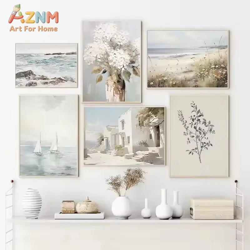 1PC Pastel Shoreline Coastal Beach Seascape Botanical Grass Sailboat Aesthetic Poster Canvas Painting Wall Art Home Decor