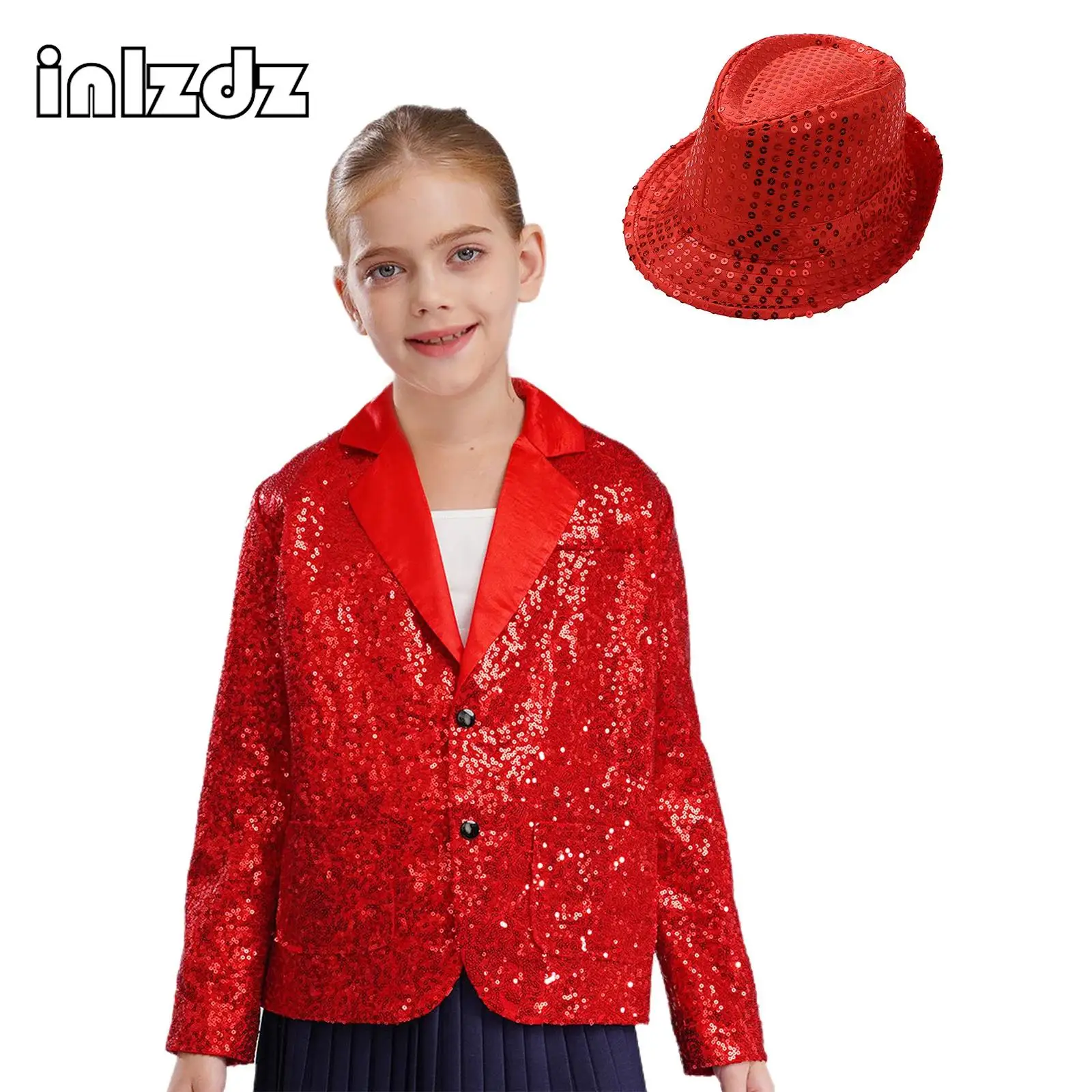 Kids Girls Jazz Dance Jacket Set Long Sleeve Sparkly Sequins Blazer Jacket with Sequined Hat for Theme Party Stage Performance