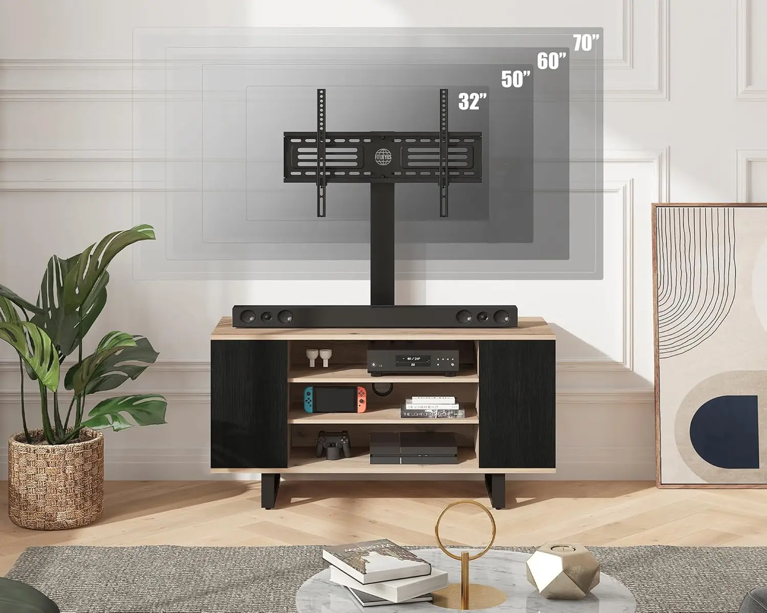Swivel TV Stand Mount 32-70 Inch Wood Console Entertainment Center Living Room Bedroom Holds 110lbs, Customized