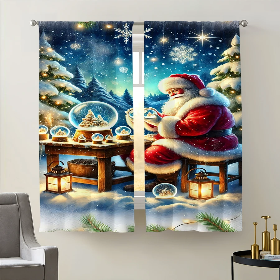 2PCS Christmas Winter Curtains, Santa Making Snow Globe, Digital Print, Bedroom Living Room, Rod Pocket Polyester, Home Decor