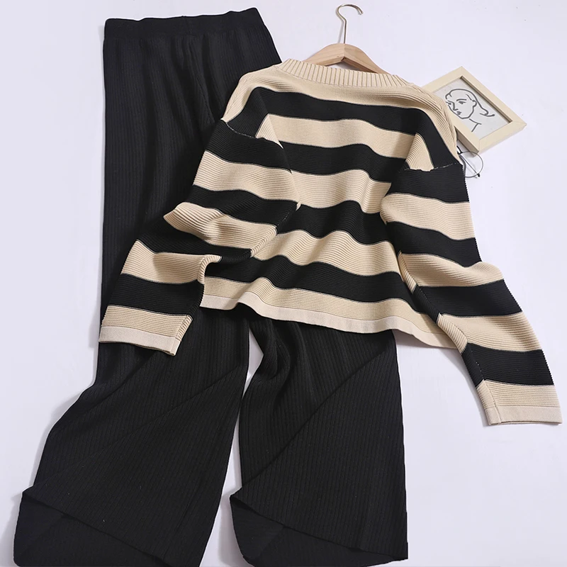 Korean Fashion Retro Striped O-neck Casual  Long Sleeve Knit Cardigan High Waist Slim Wide Leg Pants Women Two-piece Set Autumn