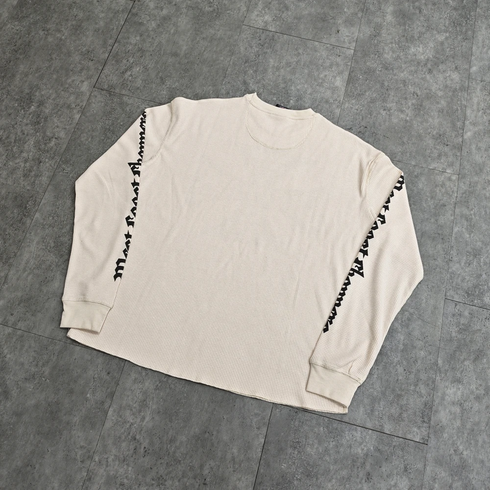 Yao Fashion Waffle Fabric Loose Long Sleeve Tops Sanskrit Logo Y2k Casual Oversize Vintage Retro Men
