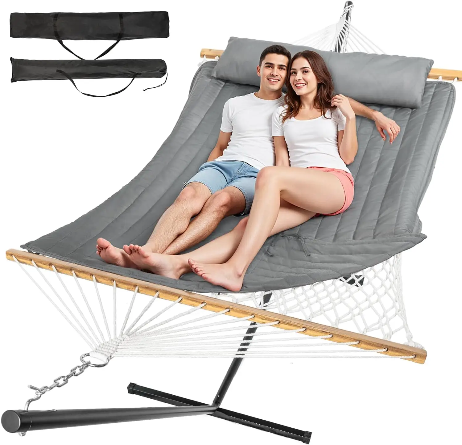 

2 Person Outdoor Hammock with Stand, Cotton Rope, Polyester Pad, Adjustable Steel Frame, Portable with Carrying Bag – Patio