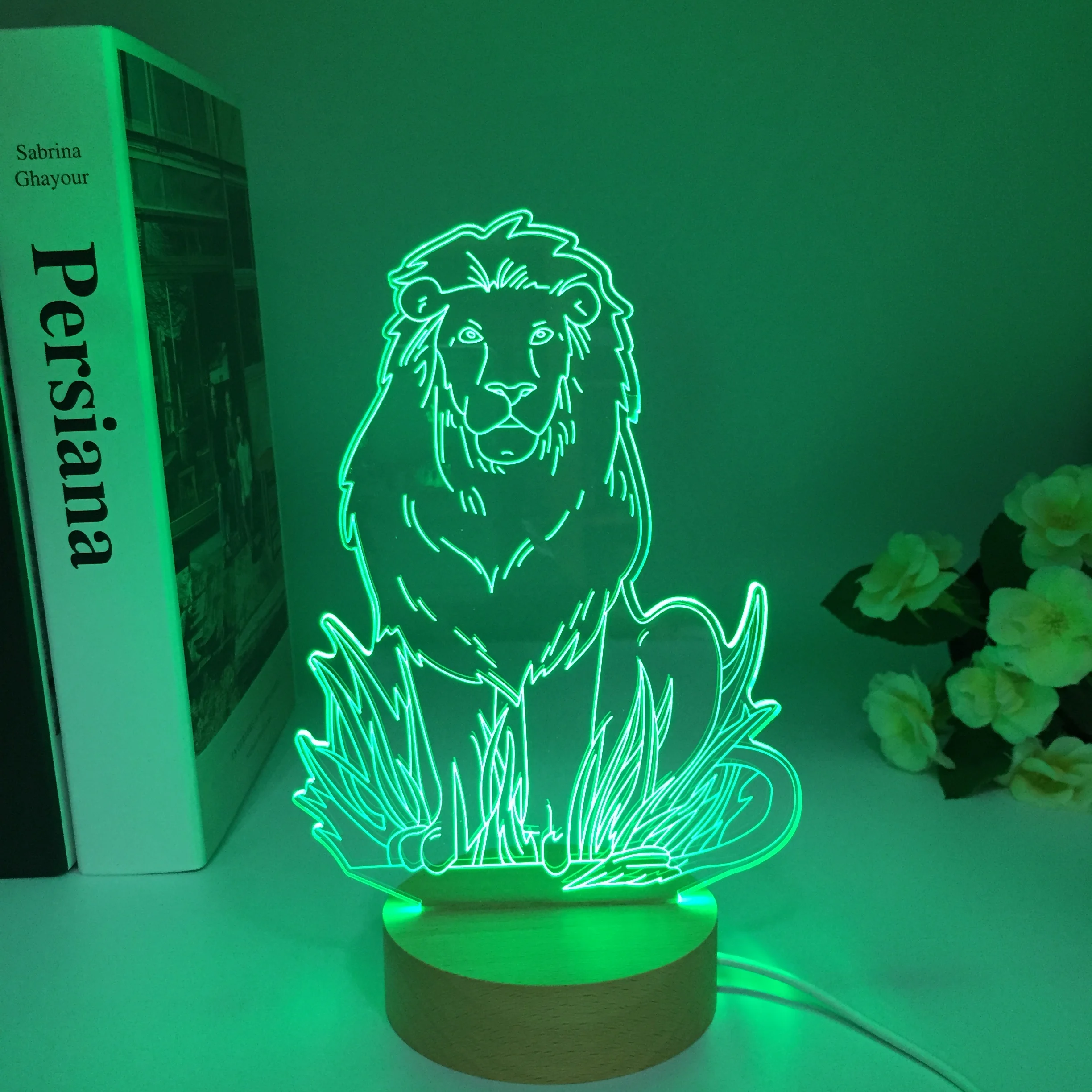 Colorful Lion Animal 3D Lamp Creative Desktop Bedroom Night Light LED Acrylic Wooden Table Lamp Birthday Xmas Gifts Room Decor