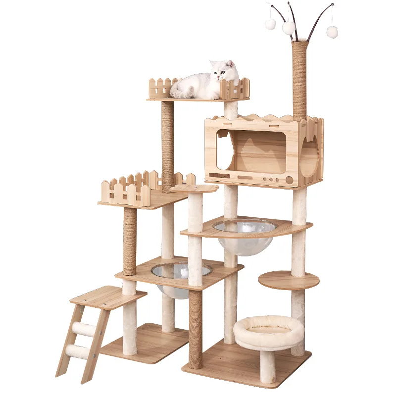 Large Wooden Cat Tree with Space Capsule Bed, 4-Seasons Climbing Tower, Scratching Post, Multi-Level Playhouse, Cat Accessories