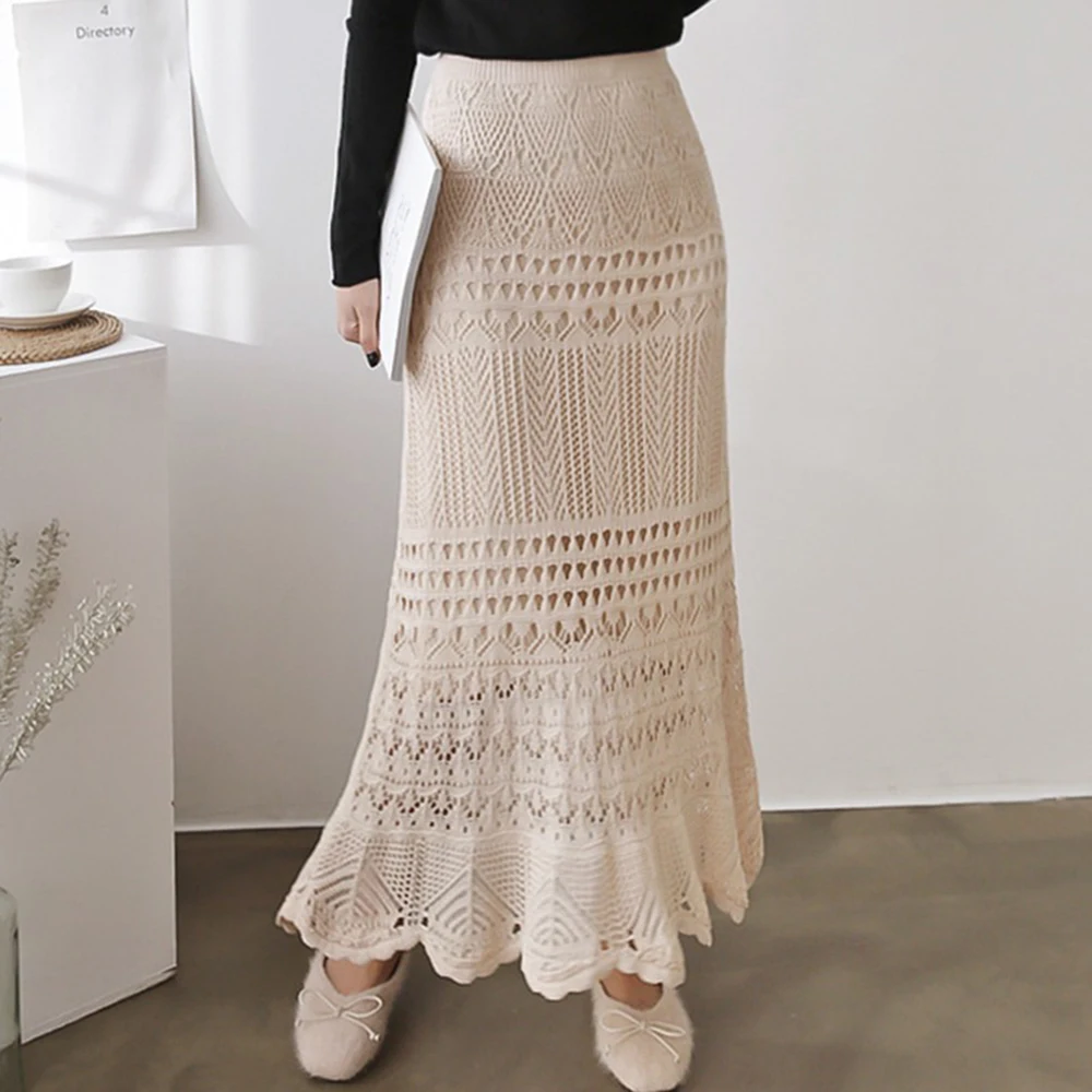Dames zomer bohemien oversize ruches dun uitgehold gebreide vrouwelijke halflange hoge taille vissenstaart bodycon rok