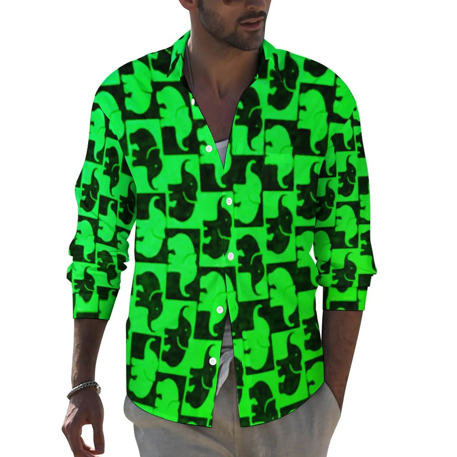 Neon Green Elephant Casual Shirts Male Funny Animal Print Shirt Long Sleeve Fashion Street Style Blouses Tops Plus Size 3XL 4XL