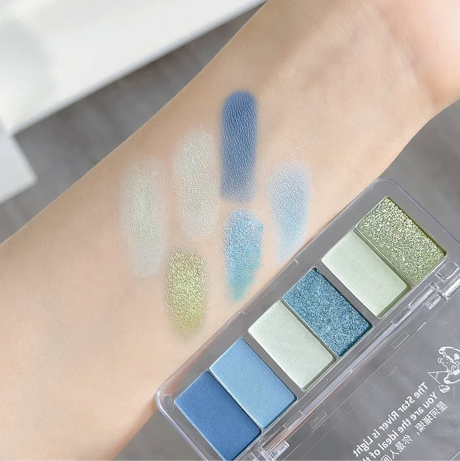 6Color Glitter Eyeshadow Strip Palette Brightening Waterproof Matte Gradient Blue-green Summer Lying Silkworm Eye Pigment Makeup