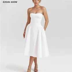 2024 Sexy White Slash Collar Backless Midi Long Strapless Dress Women Folded Low Waist Pleated Ruched Hem Swing Robe Party