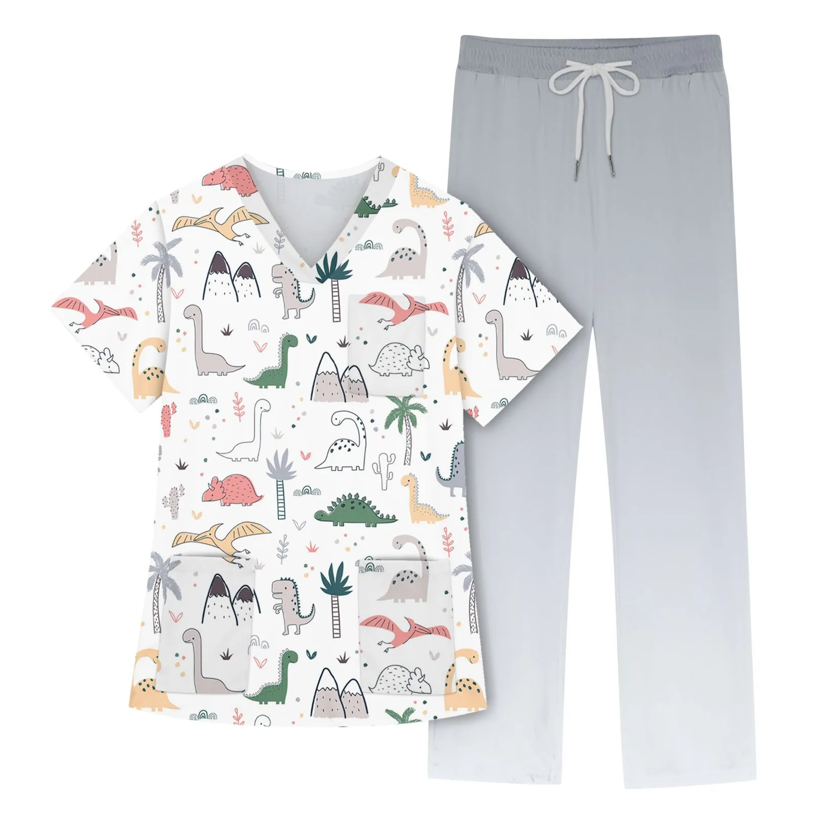 

Two Piece Work Set Women's Work Top Elastic Waist Pants Short Sleeve V Neck Floral Print Chest Pocket Two Piece Work Set