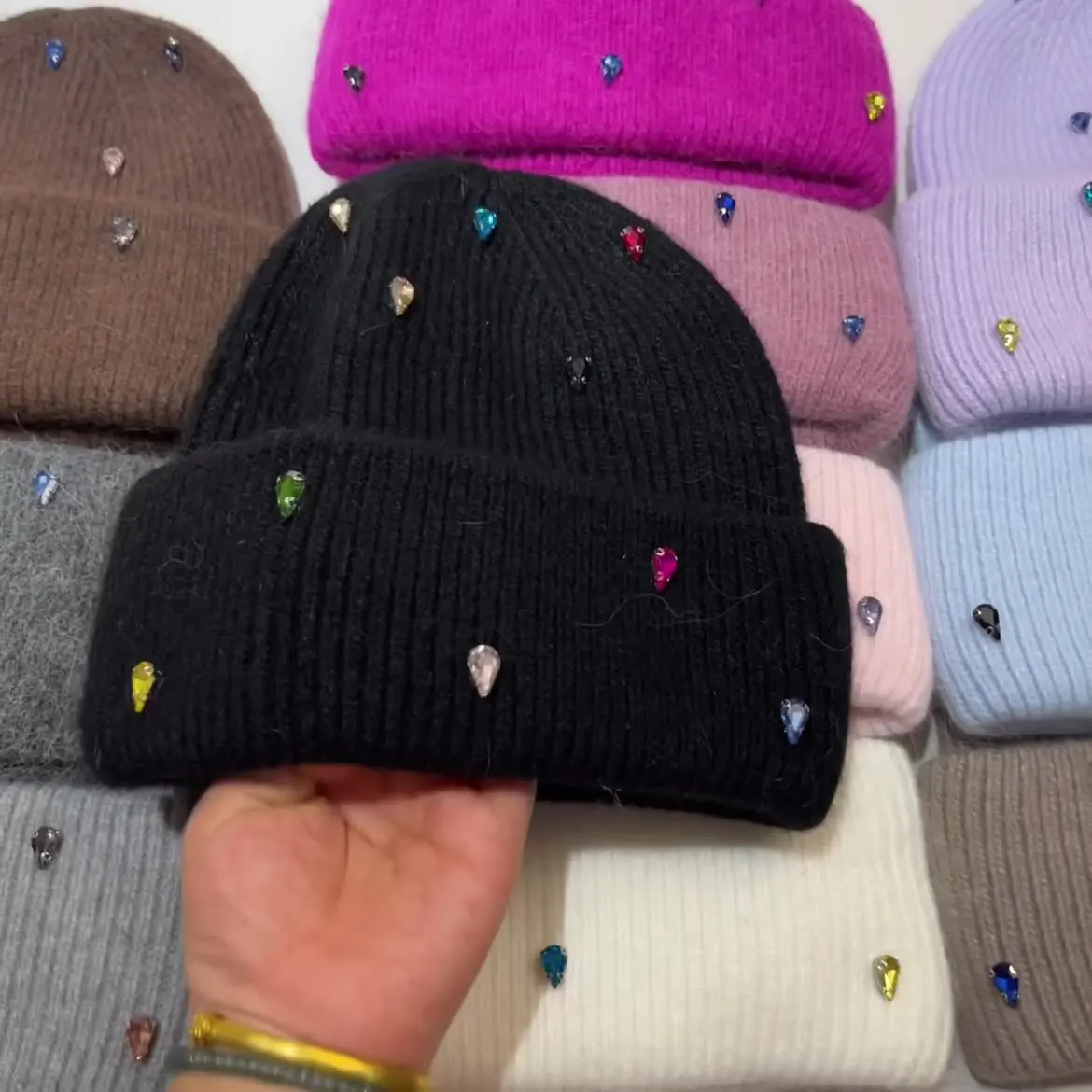 Colorful Rhinstones Winter Women Knitted Hat Real Rabbit Fur Warm Wool Skullies Beanies Ear Protection Outdoor Skiing Caps