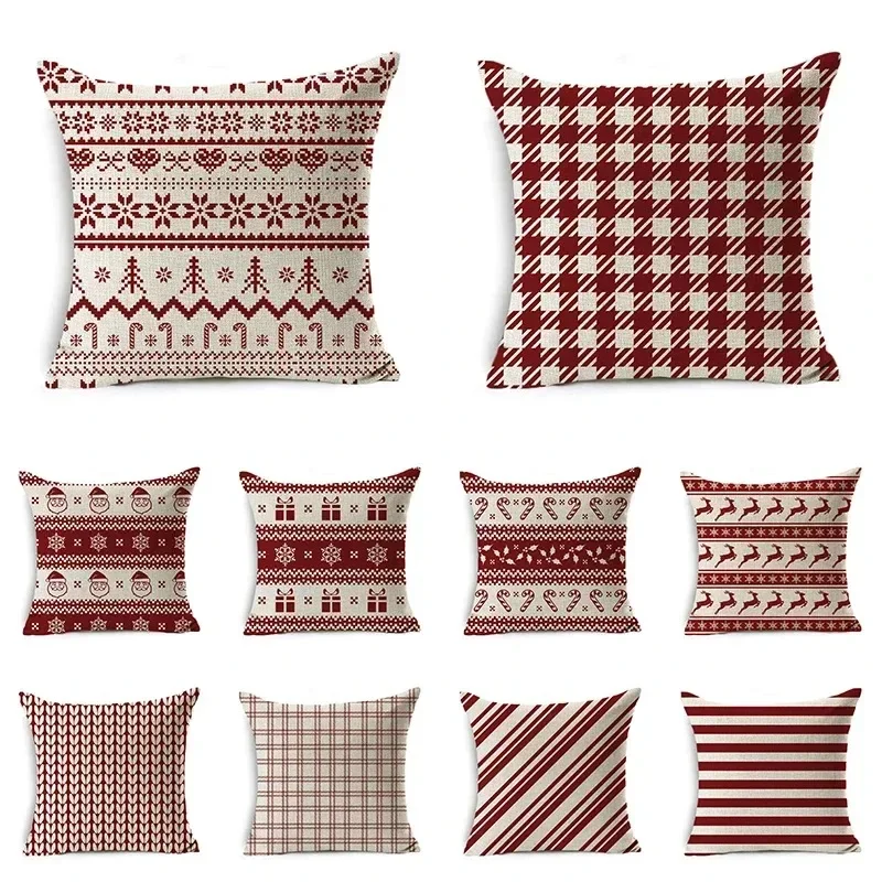 Fodera per cuscino natalizia Decorazione per la casa Lino a righe Plaid stampato Rosso 18 * 18 pollici Federa per cuscino Cuscino per divano Fodera per cuscino per auto
