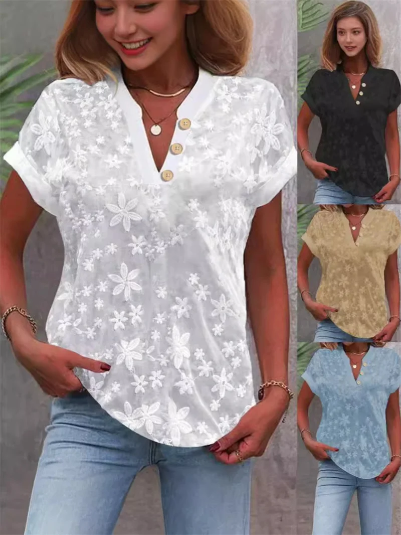 Summer Casual V-neck Shirt Blouse Women Fashion White Jacquard Short Sleeve Shirts Women 2024 Office Ladies Elegant Blouse Tops