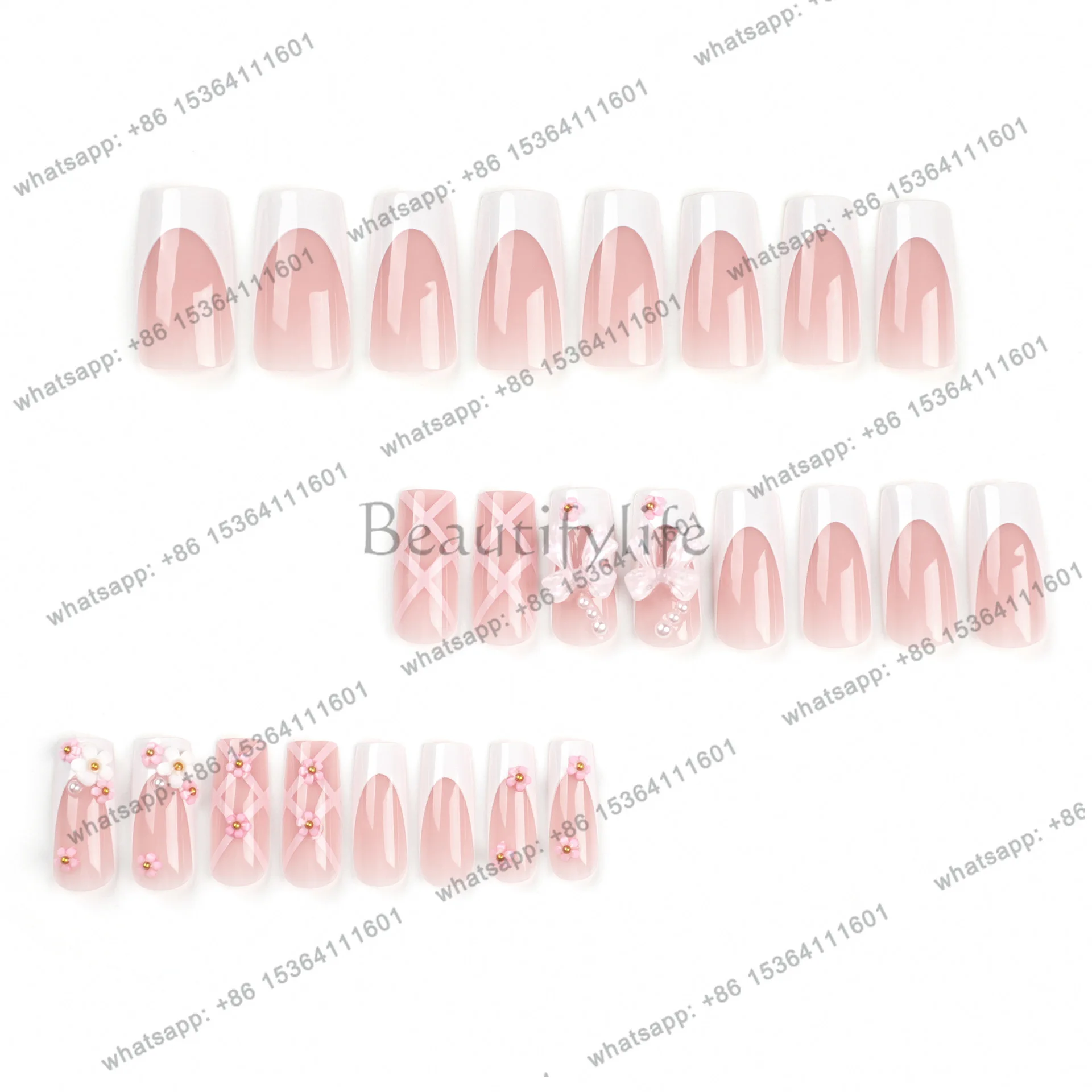 Pink cute wearing armor bow medium and long flower nail sticker