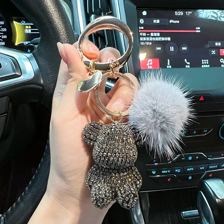 Neuer Modischer Voll-Diamant-Sitzender-Bär-Schlüsselanhänger Kreativer Nerzhaar-Autoschlüsselanhänger Niedlicher Taschenanhänger Geschenk – Detail 9
