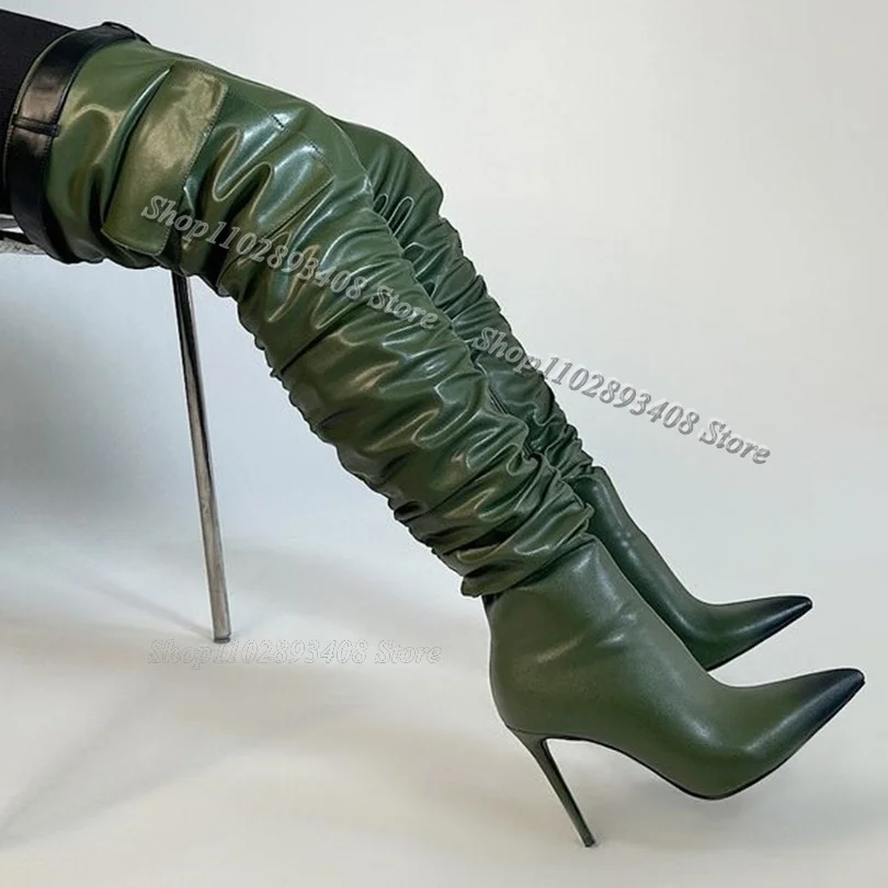 Green Pleated Belt Buckle Decor Boots Stiletto Heels British Style Women Comfortable Over Knee Boots 2024 Zapatos Para Mujere