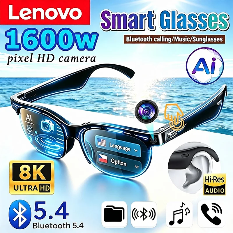 Lenovo New AI Smart Glasses Remote Control Touch  Photo Camera Recording Translator Voice Assistant Music Bluetooth Sunglasses