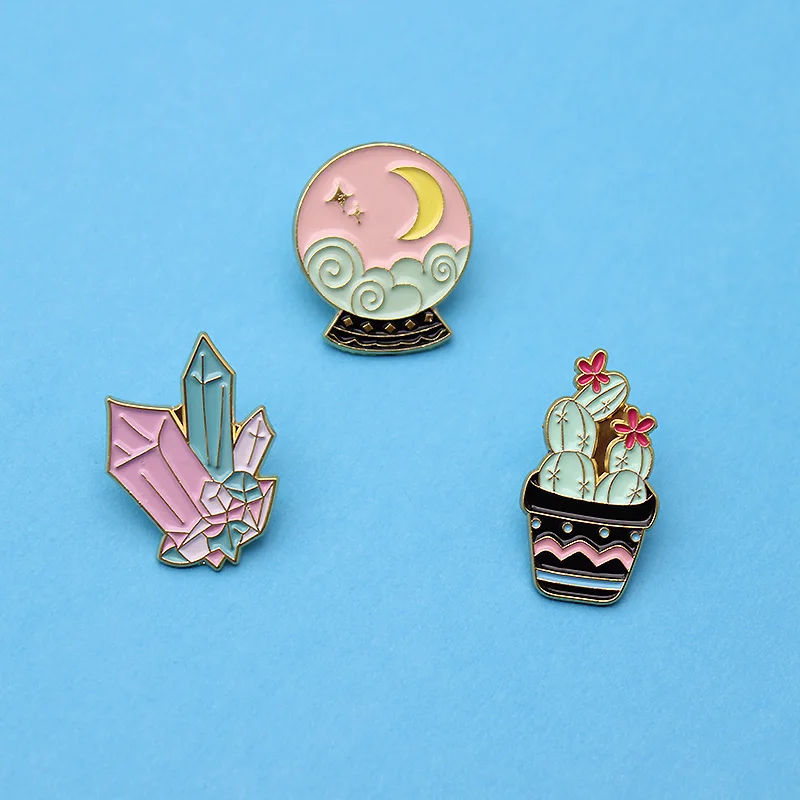 Newest Crystal Ball cactus Potted plant Metal Enamel Brooches Fashion Badges Pin Backpack Coat Lapel Pins Jewelry Accessories