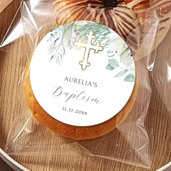 Custom Round Baptism Christening Sticker Pink Florals Greenery Gold Cross Name Thank You Girl Boy Baptism Sticker