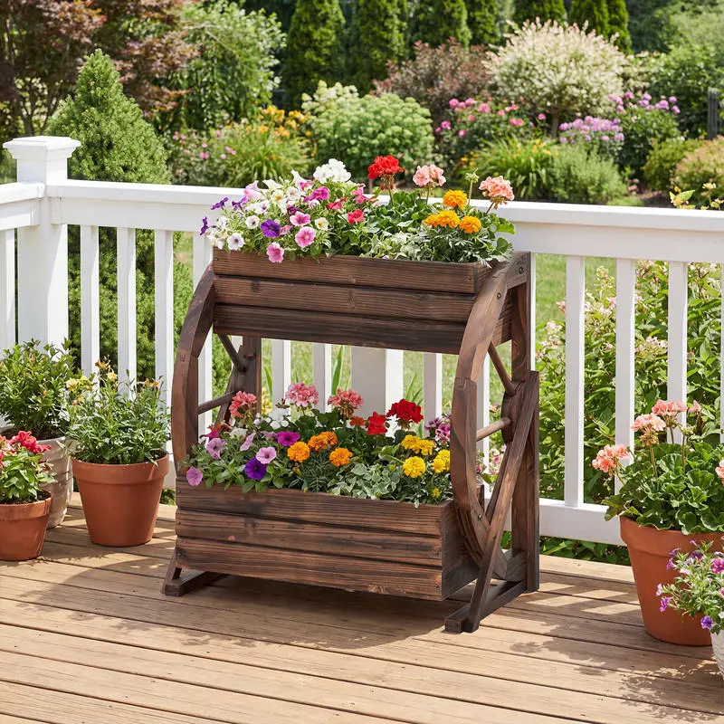 

2-tier Raised Garden Bed Rustic Wood Wagon Planter with Drainage Holes and Semi-wheels-Coffee