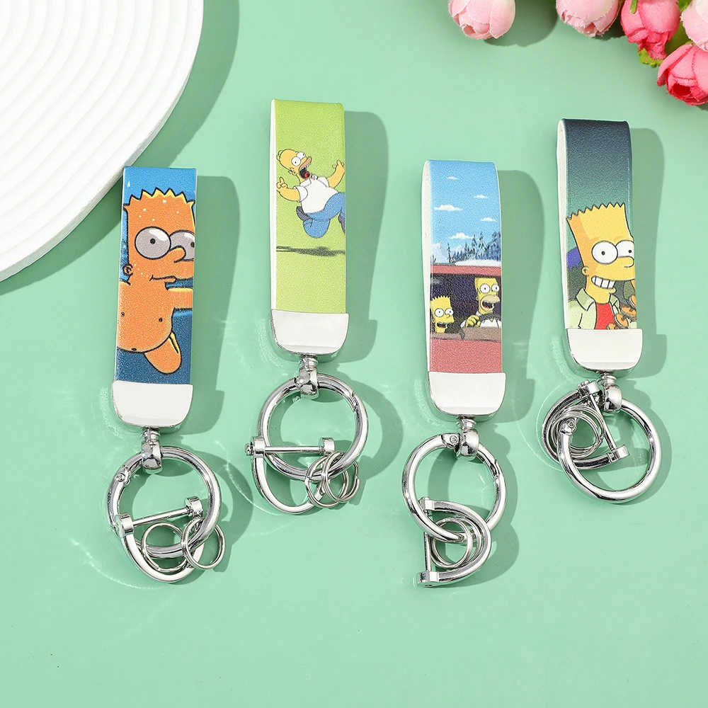 Classic Comedy The Simpsons Keychain Disney Cartoon Bart Simpson Printing Leather Keyring for Car Pendant Key Holder Accessories