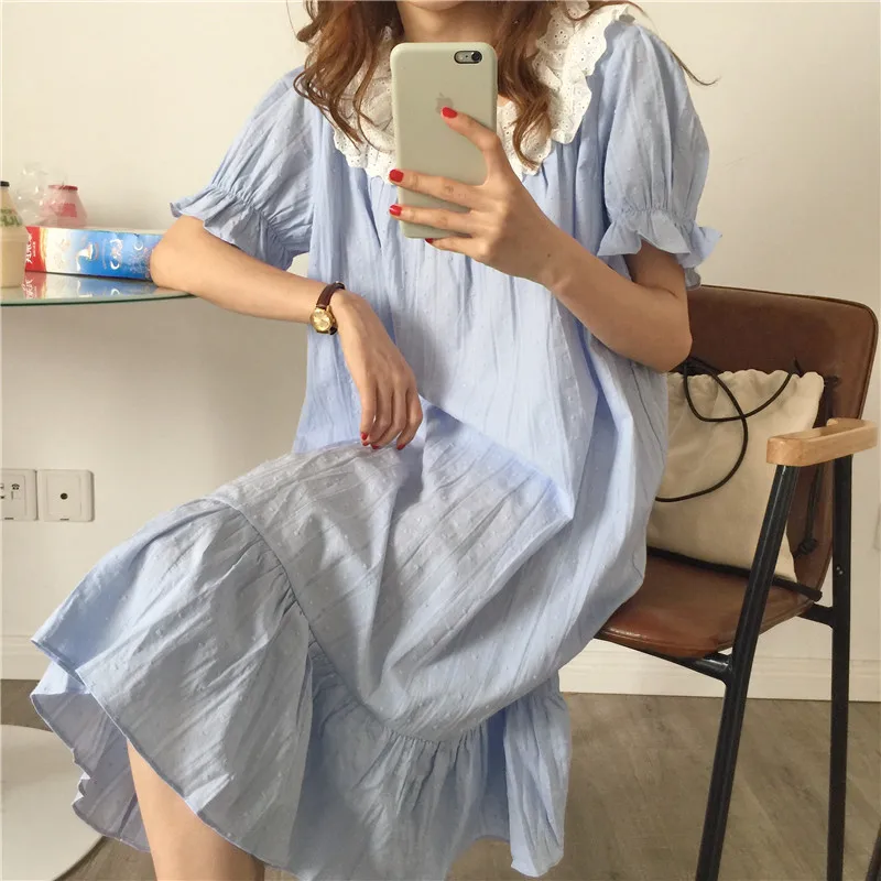 

Blue Lace Square Collar Nightgown Korean Kawaii Long Sleepwear Loose Cotton Night Dress Short Sleeve Jacquard Striped Homewear