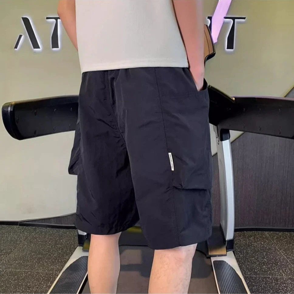 Bermuda Elastic Waist Long Loose Baggy Solid Male Short Pants with Draw String Pockets Men's Cargo Shorts Wide Half Distressed