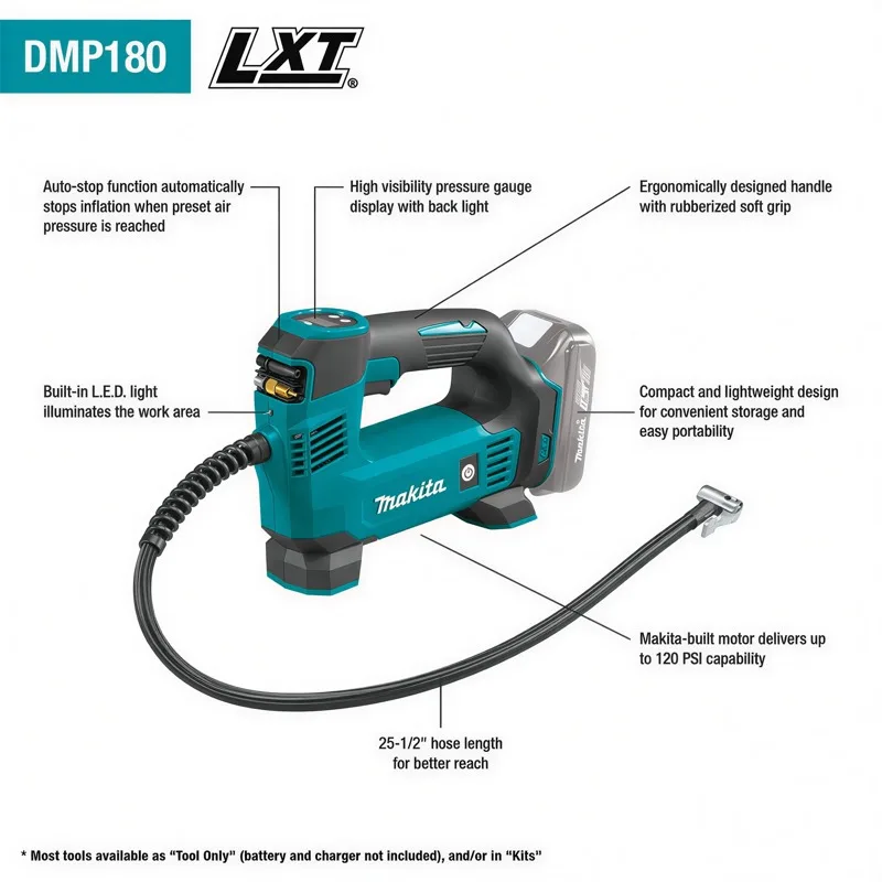 Original Makita DMP180 18V Cordless Inflator 121 PSI Digital Pressure Gauge Auto-Off for Car Bike Sports Balls