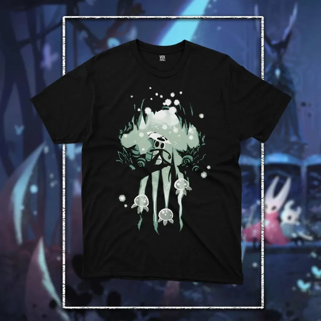 Hollow Knight Hallownest Ornate Typography T-Shirt: Black Base with Decorative Font & Kingdom Symbol Design Fan Merch
