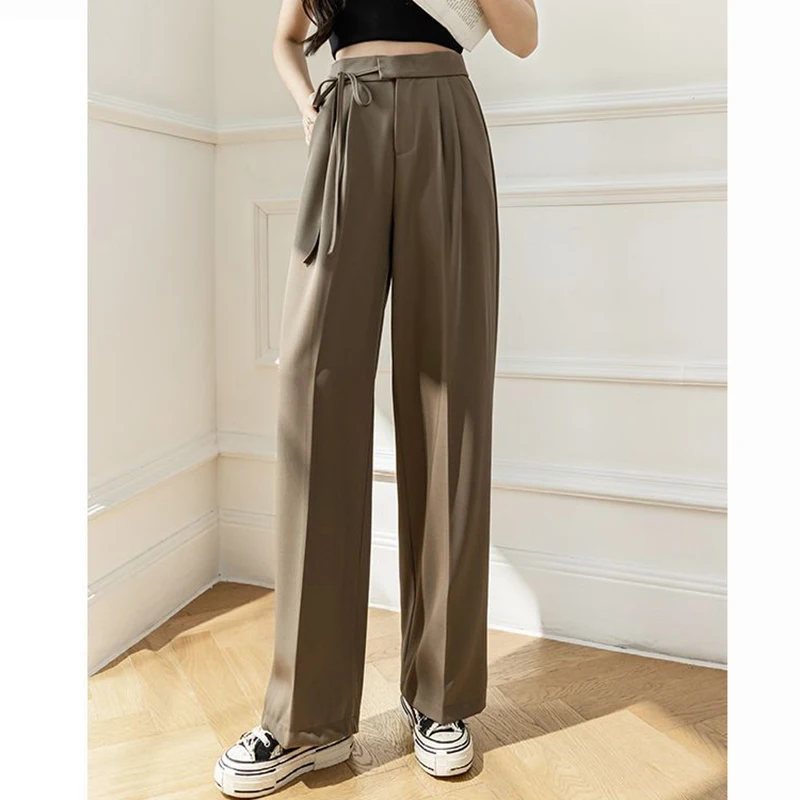 Pantalones de traje de pierna recta con cordones para mujer, pantalones de cintura alta de Color sólido, pantalones de trabajo que combinan con todo de diseñador elegante para primavera