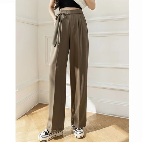 Imagen 2 del producto Pantalones de traje de pierna recta con cordones para mujer, pantalones de cintura alta de Color sólido, pantalones de trabajo que combinan con todo de diseñador elegante para primavera