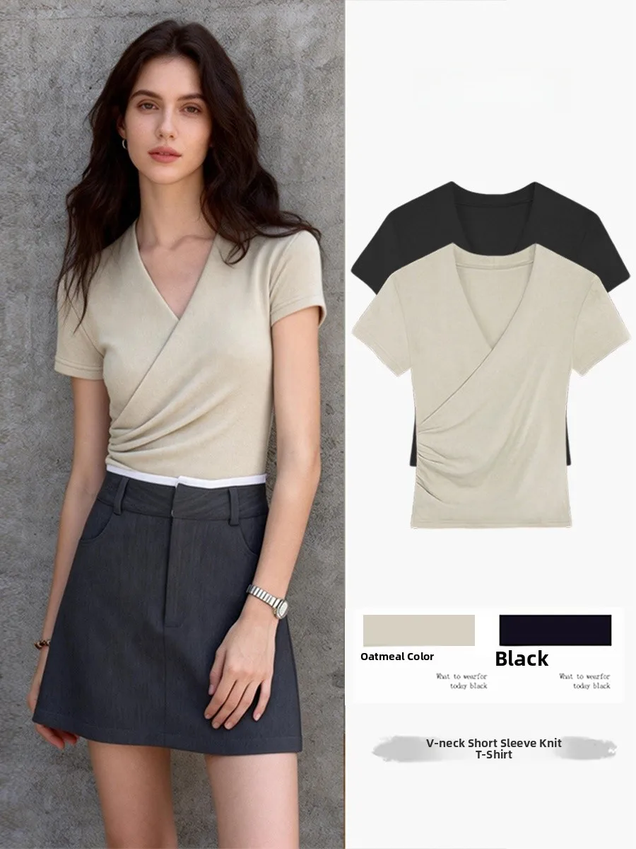 

Women's Cross Knitted Short Sleeve V-Neck Slim Fit Base Shirt Lightweight Summer New Style Fashion French Style