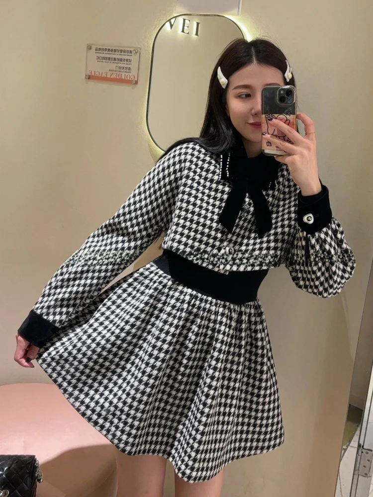 Setelan Mantel Rajut Motif Kotak-kotak Retro dengan Ikat Pinggang, Model Terbaru Musim Gugur, Busana Wanita, Kancing Depan Panjang