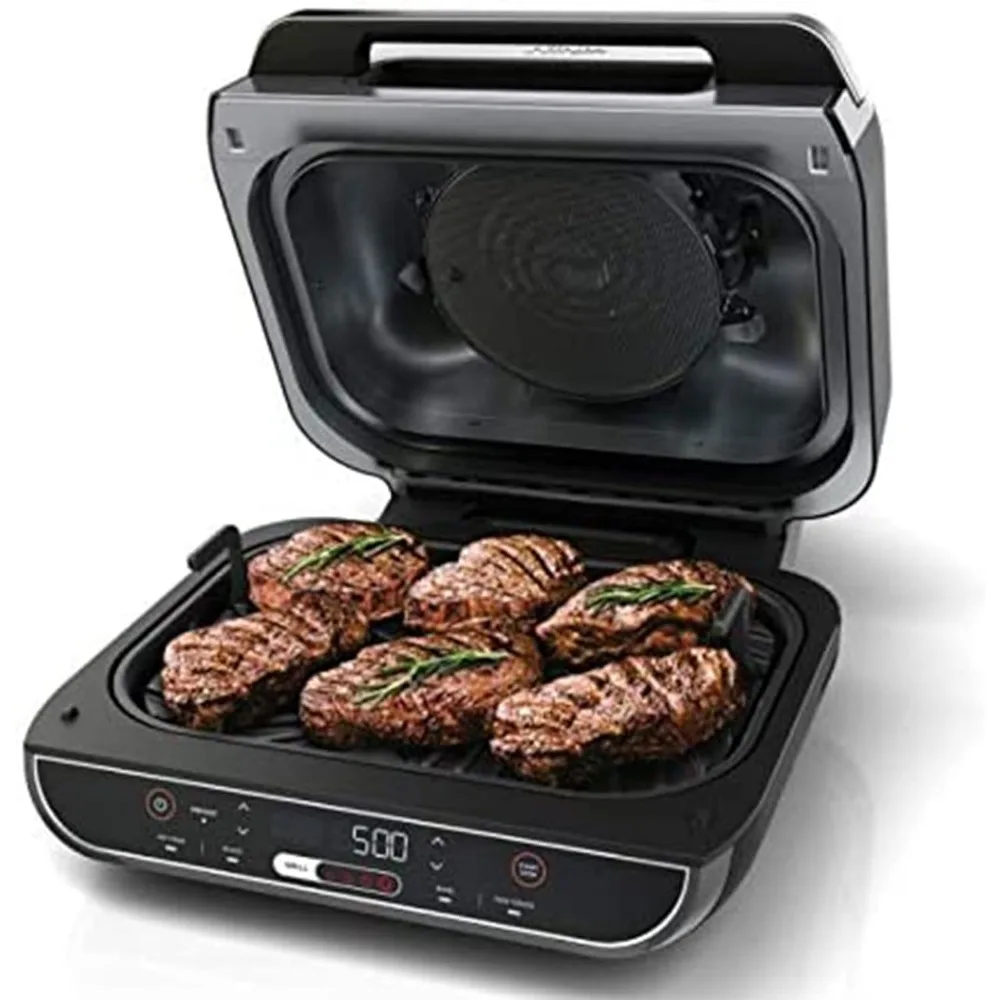 5 In 1 Indoor Grill and Air Fryer with Surround Searing, Removable Grill Gate, Crisper Basket, Cooking Pot