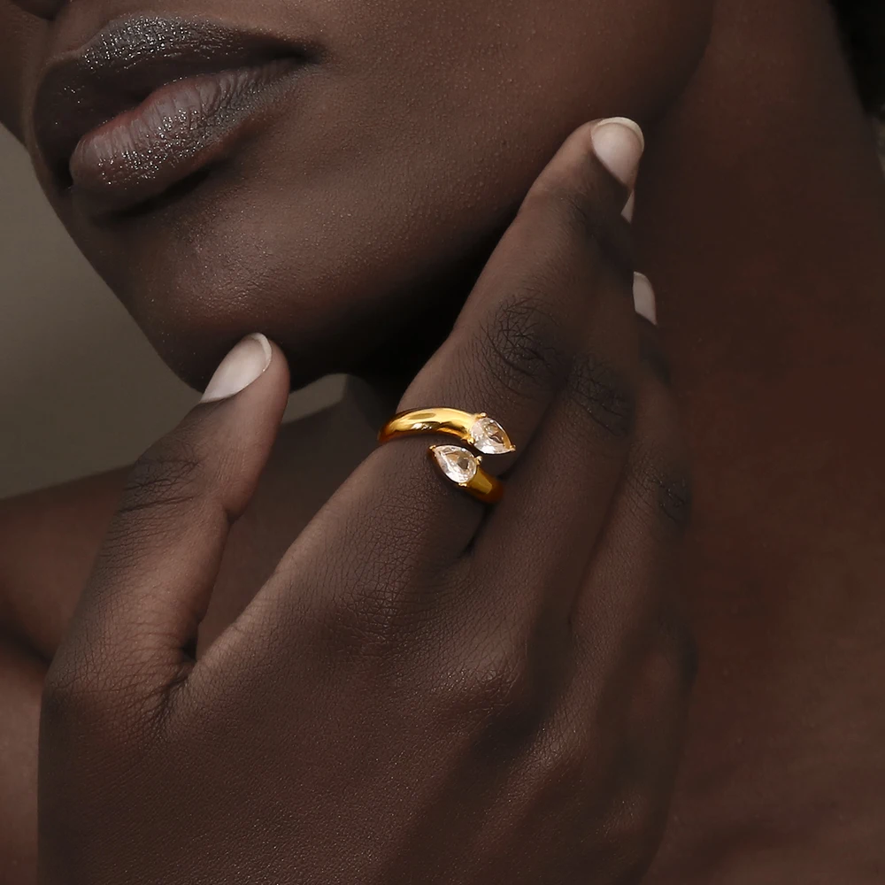 E.B.belle 18K Gold Plated Double-Headed Waterdrop Shiny Zircon Ring Minimalist 316L Stainless Steel Women Finger Jewelry