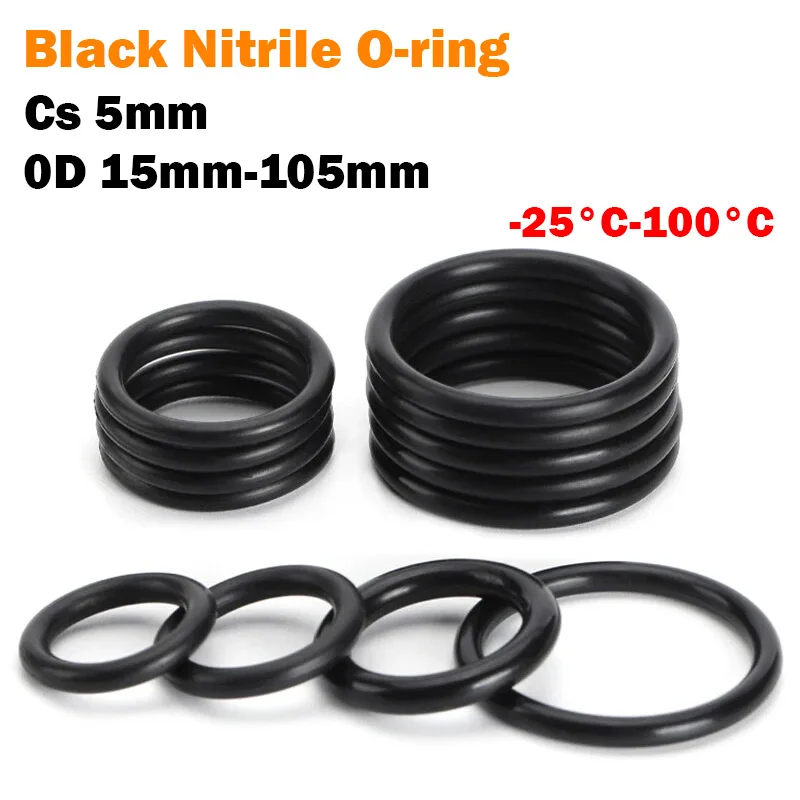 Black Nitrile O-ring Thickness CS 5mm Outer Diameter 15mm-105mm Rubber Oil Resistant Gasket
