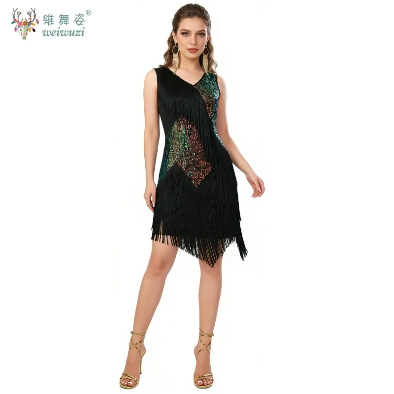 

Women Latin Dance Sequins Tassel Dress Tango Rumba Samba Performance Dresses Adults Competition Gatsby Theme Party Ball Gown
