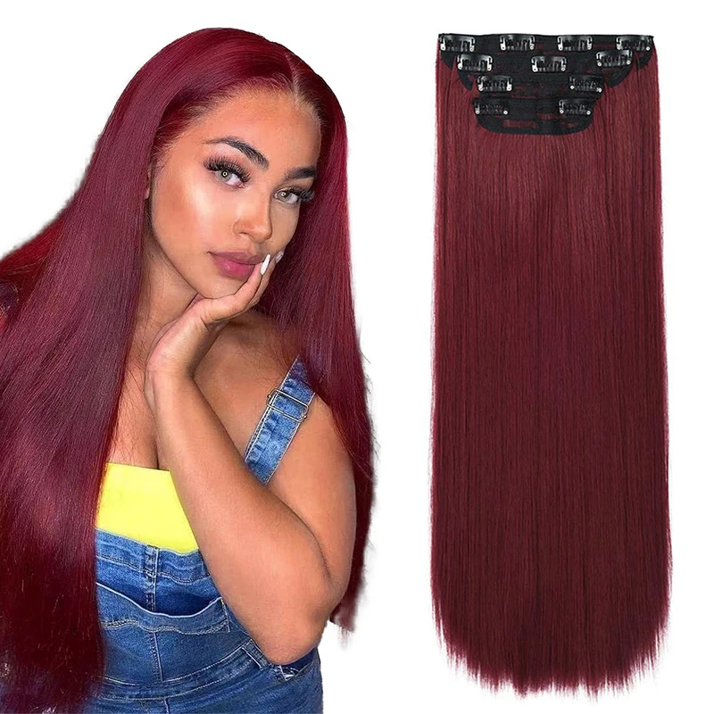 Straight Burgundy Clip In Hair Extensions for Women Clip in Straight Hair Extension Double Weft Synthetic Thick  Hair Hairpieces