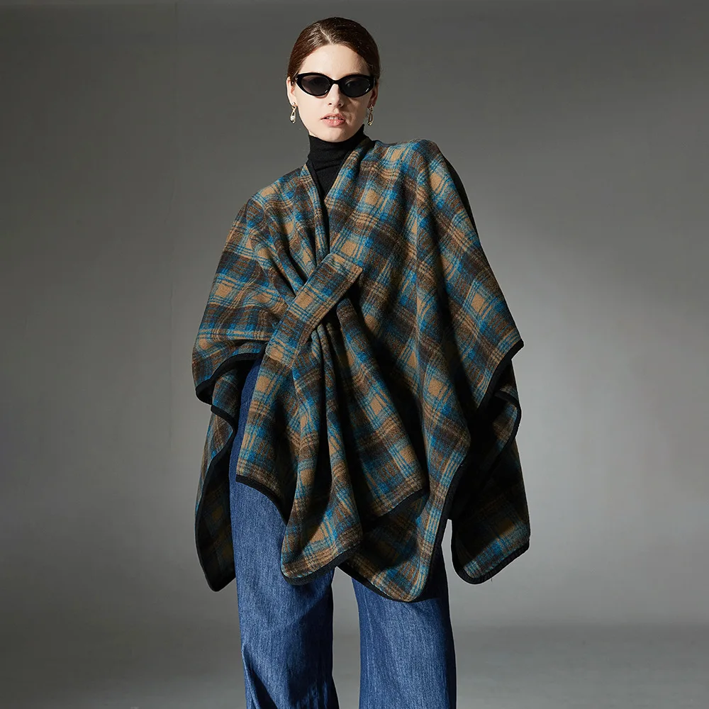 Vintage Plaid Cape Big Pendulum Striped Long Shawl 2024 Women Knitted Criss-Cross Cloak Winter Overcoat Loose Thick Warm Poncho