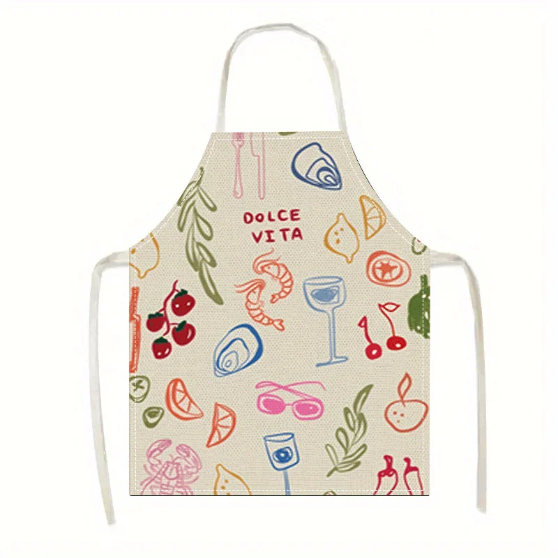 

Льняной фартук с пищевым принтом, милый мультяшный кухонный фартук для женщин и мужчин, для готовки, выпечки, ресторана, подарок шеф-повару, домашний декор, Dolce Vita